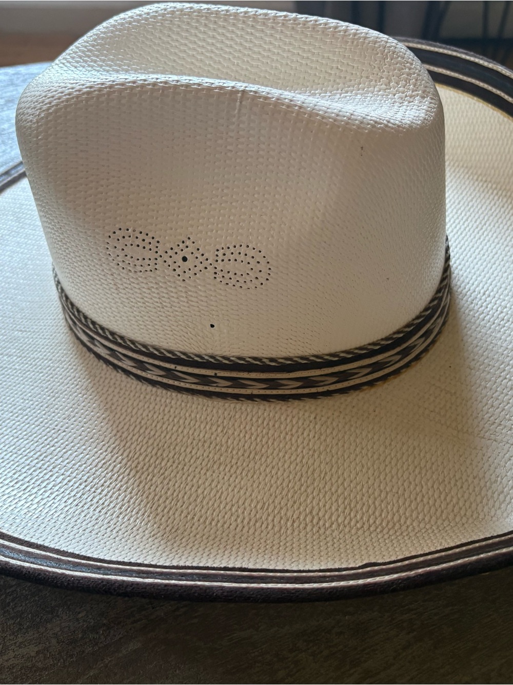 Kids White Straw Cowboy Hat with Brown Trim